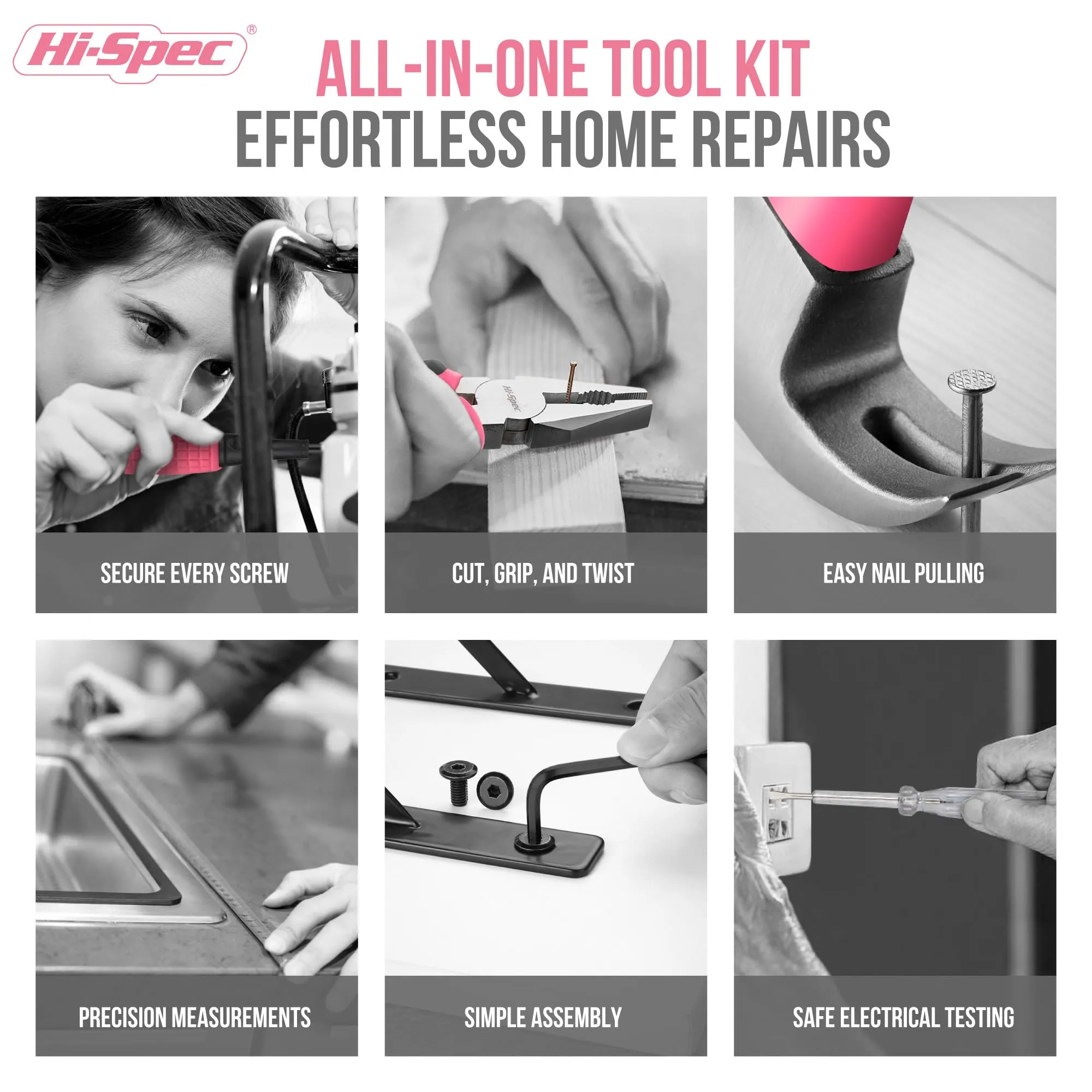 13pc Pink Compact DIY Hand Tool Kit Set for Household and Office Repairs. In a Portable Box Case