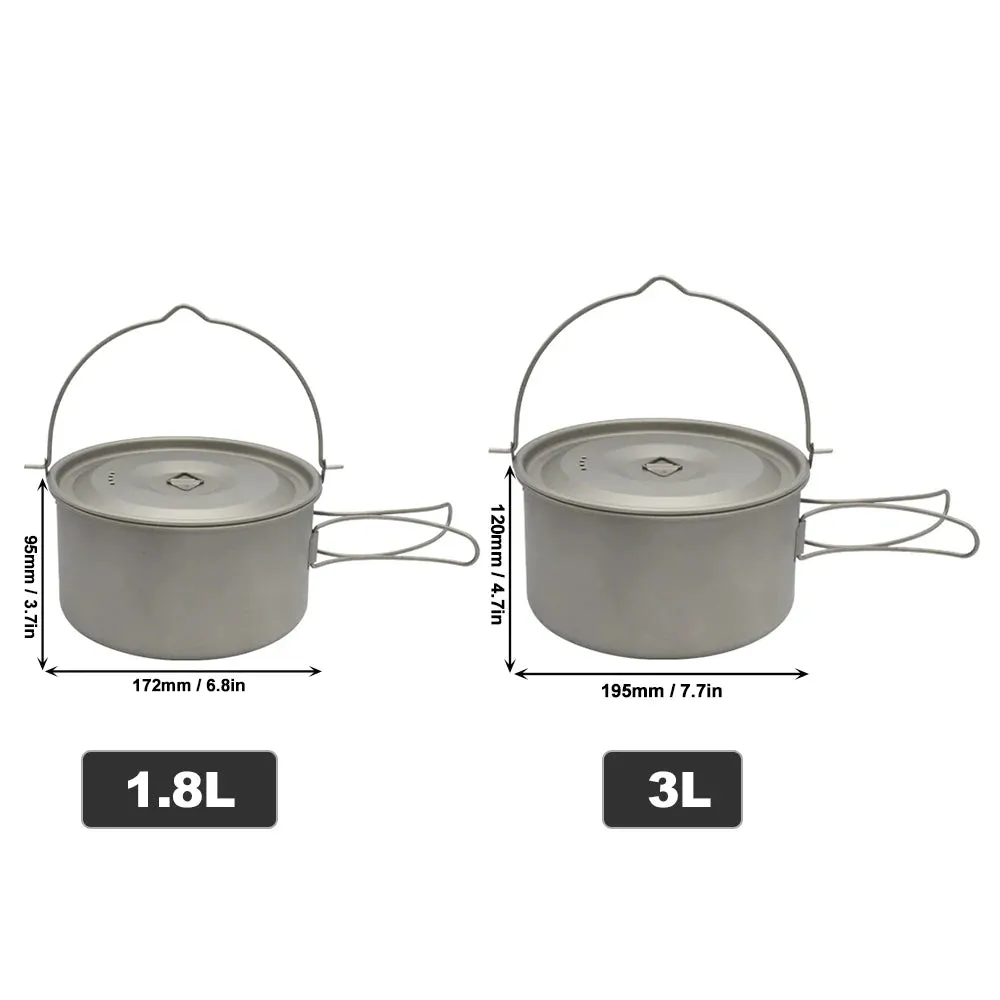 1.8L/3L Titanium Pot Ultralight Hanging Pot with Lid and Foldable Handle Storage Bag Outdoor Camping Hiking Backpacking Picnic