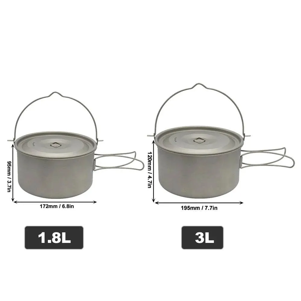 1.8L/3L Titanium Pot Ultralight Hanging Pot with Lid and Foldable Handle Storage Bag Outdoor Camping Hiking Backpacking Picnic
