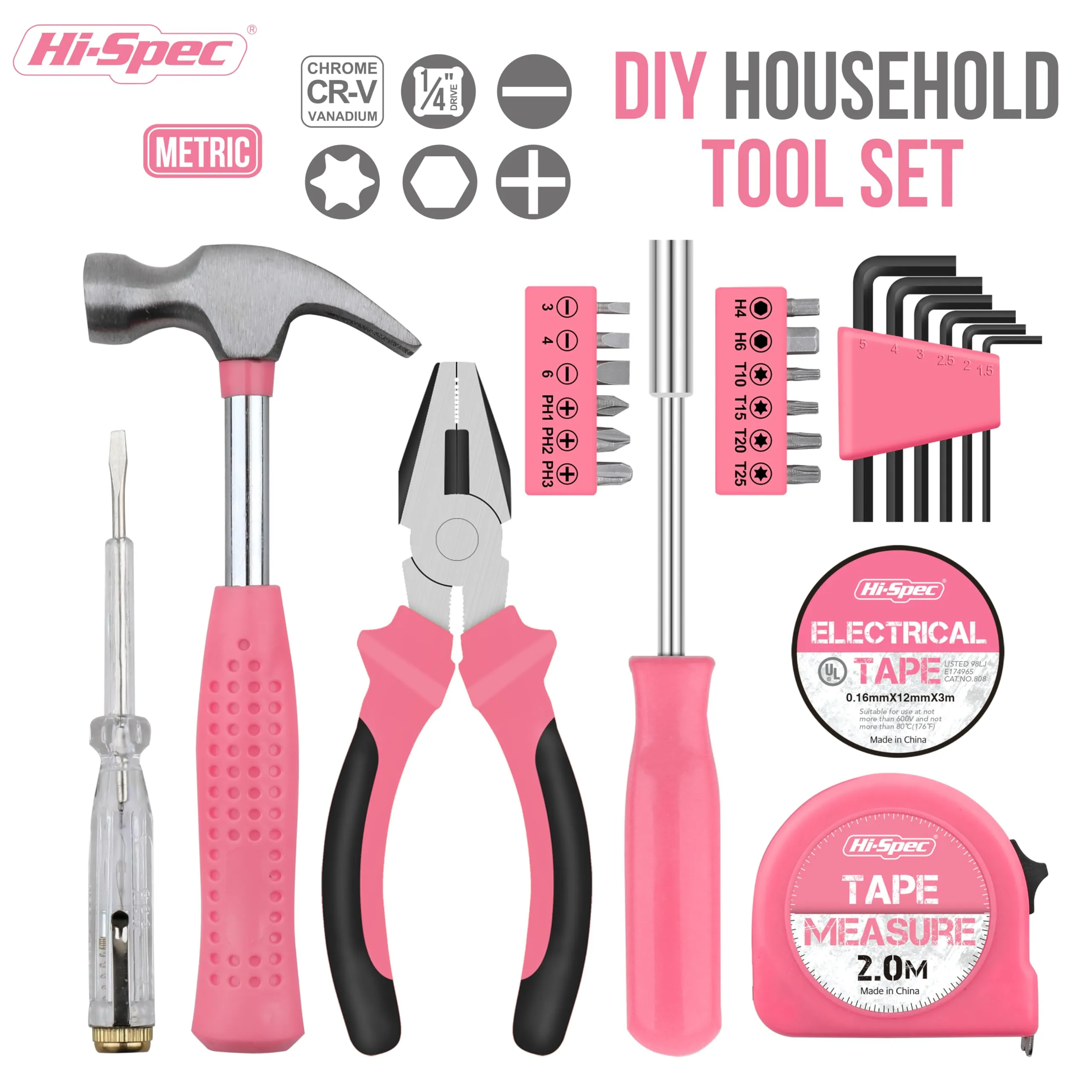 24pc Pink Compact Household DIY Tool Kit Set. Starter Tools in a Portable Box Case