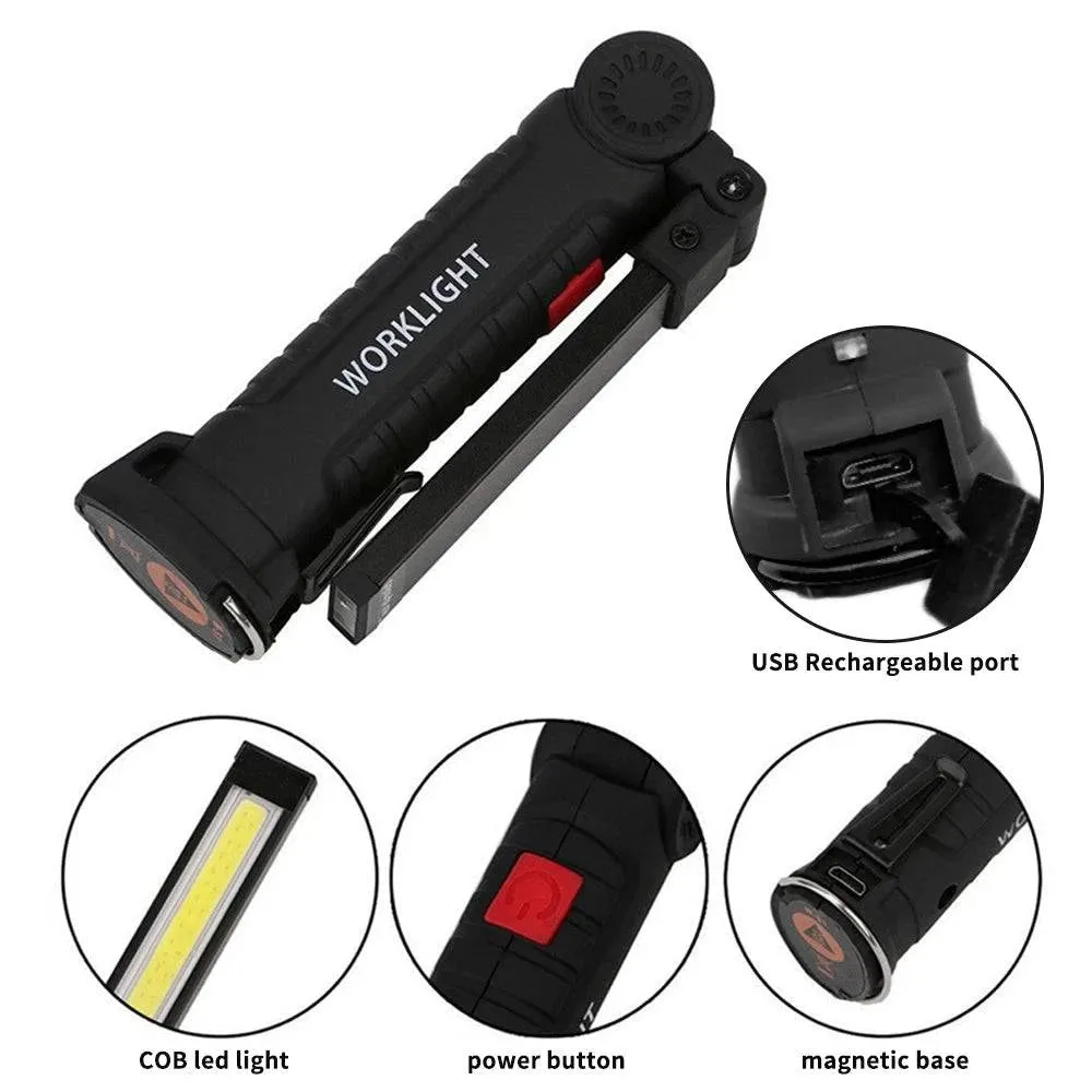 COB USB Rechargeable Handheld Torch Rotating Foldable Flashlight 5 Mode LEDs Work Light with Magnetics Base for Outdoor Camping