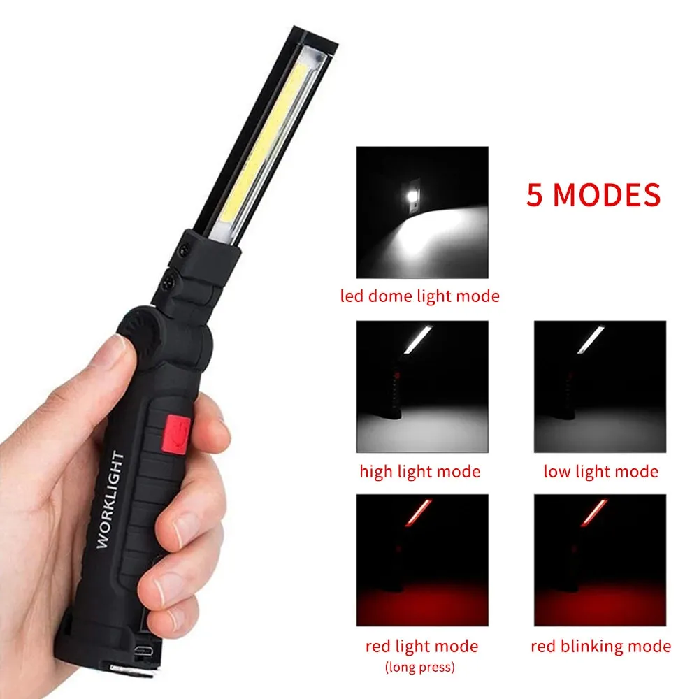 COB USB Rechargeable Handheld Torch Rotating Foldable Flashlight 5 Mode LEDs Work Light with Magnetics Base for Outdoor Camping