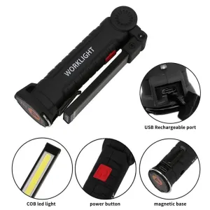 COB USB Rechargeable Handheld Torch Rotating Foldable Flashlight 5 Mode LEDs Work Light with Magnetics Base for Outdoor Camping