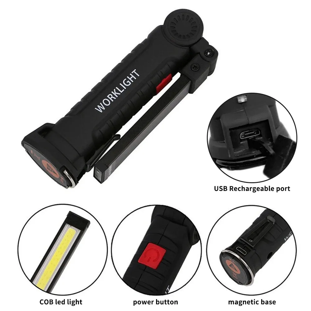 COB USB Rechargeable Handheld Torch Rotating Foldable Flashlight 5 Mode LEDs Work Light with Magnetics Base for Outdoor Camping