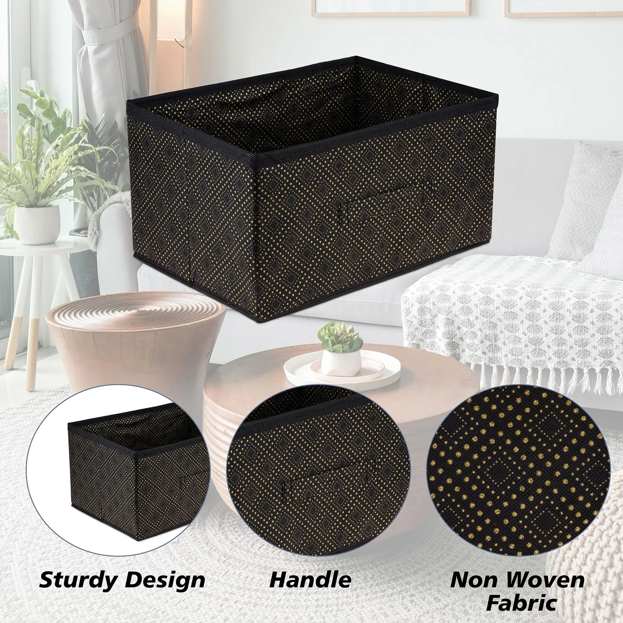 Heart Home Drawer Storage Box|Storage Bin for Clothes|Wardrobe Organizer for Books|Closet Box with Handle|Non-Woven Storage Box|Golden-Dot Storage Box|Black