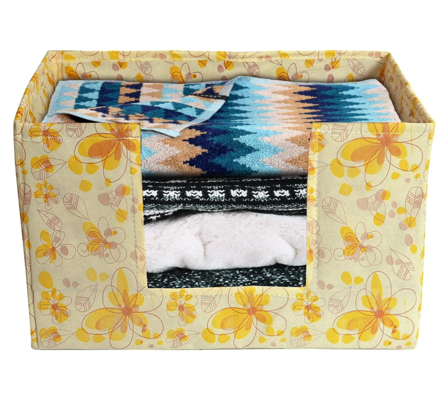 Heart Home Flower Printed Non-Woven Foldable Saree Stacker, Wardrobe Organizer, Storage Bin With Handle- Pack of 2 (Yellow)-HS43HEARTH26390