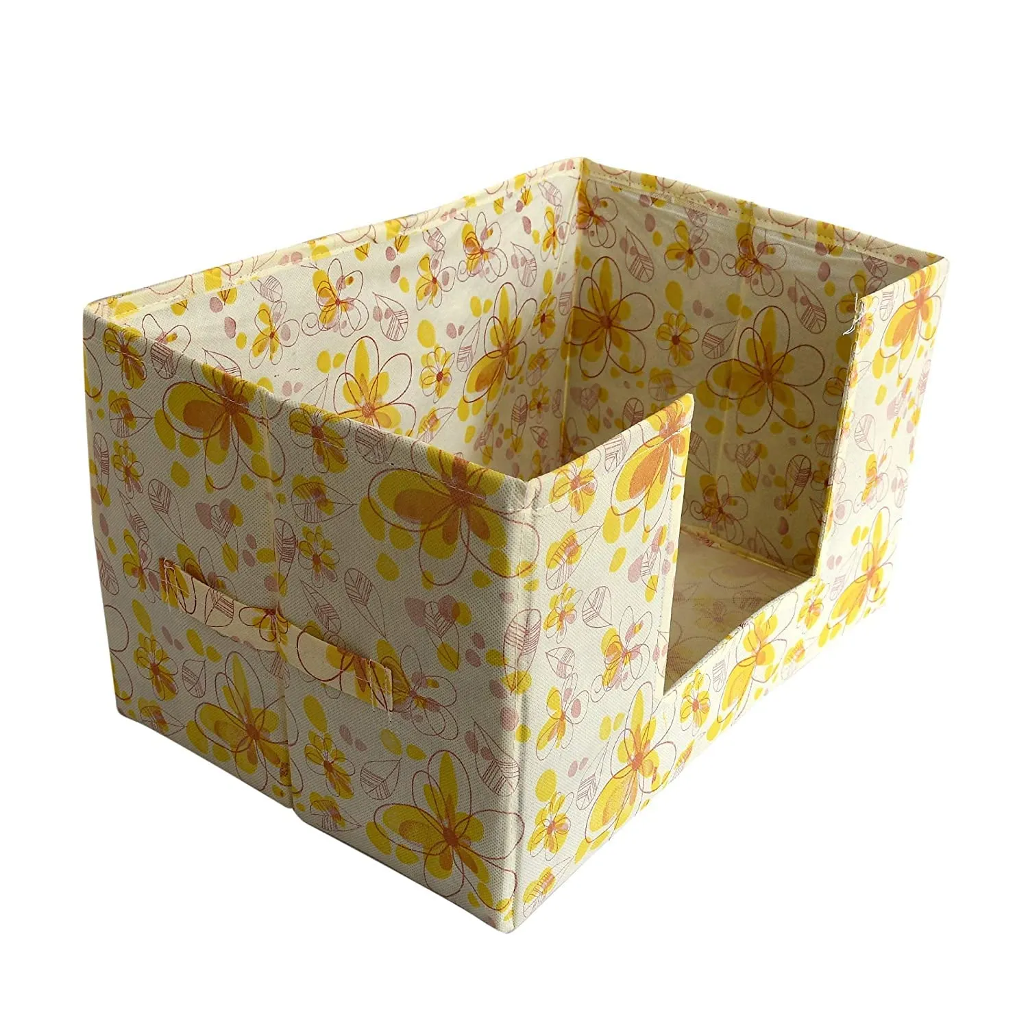 Heart Home Flower Printed Non-Woven Foldable Saree Stacker, Wardrobe Organizer, Storage Bin With Handle- Pack of 2 (Yellow)-HS43HEARTH26390