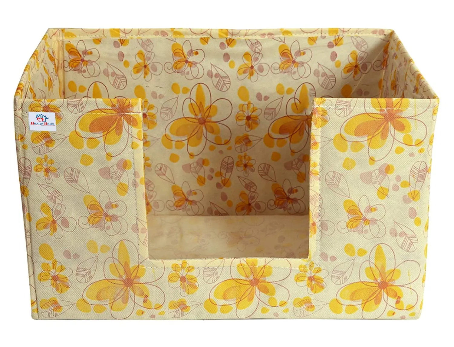 Heart Home Flower Printed Non-Woven Foldable Saree Stacker, Wardrobe Organizer, Storage Bin With Handle- Pack of 2 (Yellow)-HS43HEARTH26390