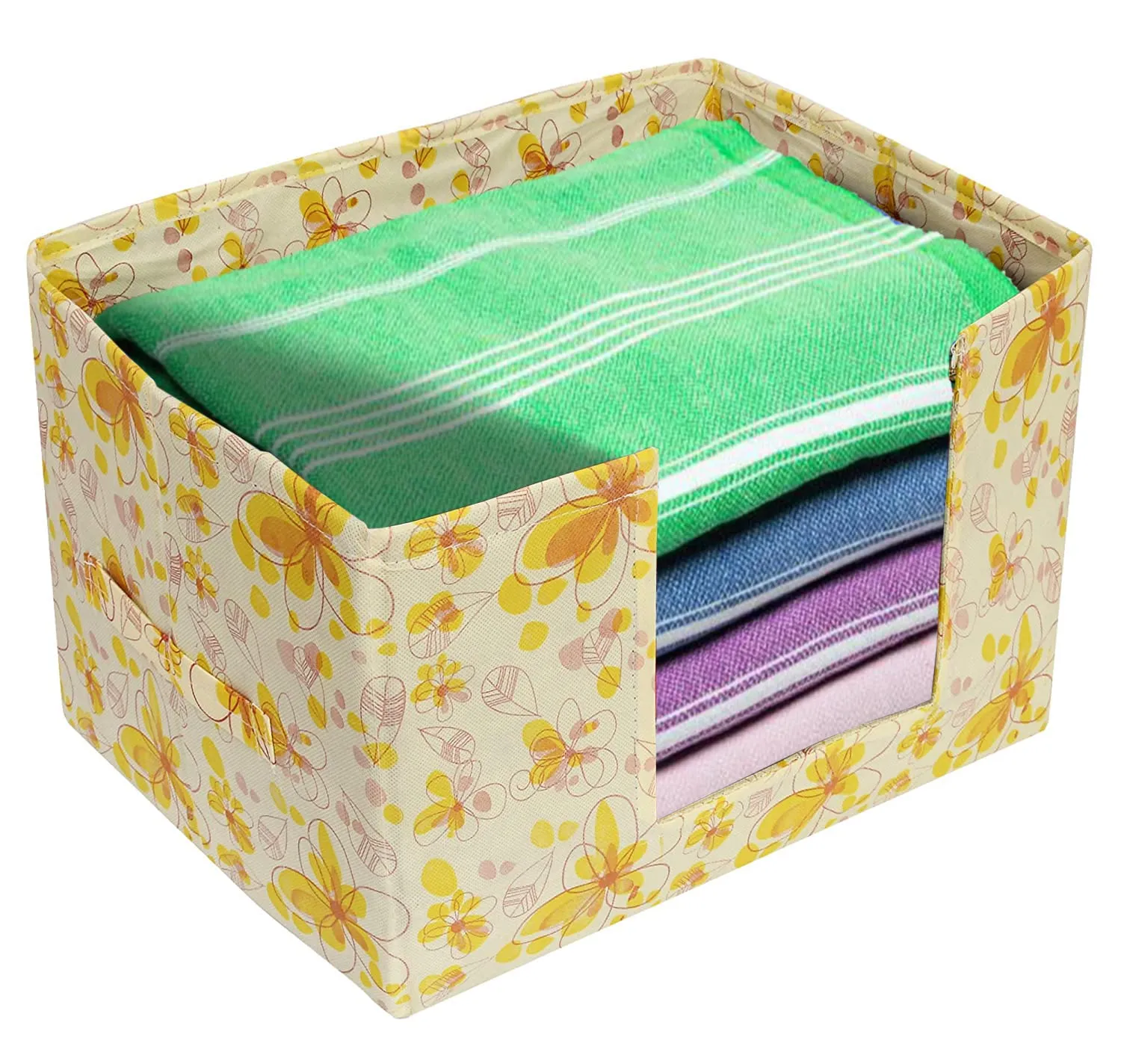 Heart Home Flower Printed Non-Woven Foldable Saree Stacker, Wardrobe Organizer, Storage Bin With Handle- Pack of 2 (Yellow)-HS43HEARTH26390