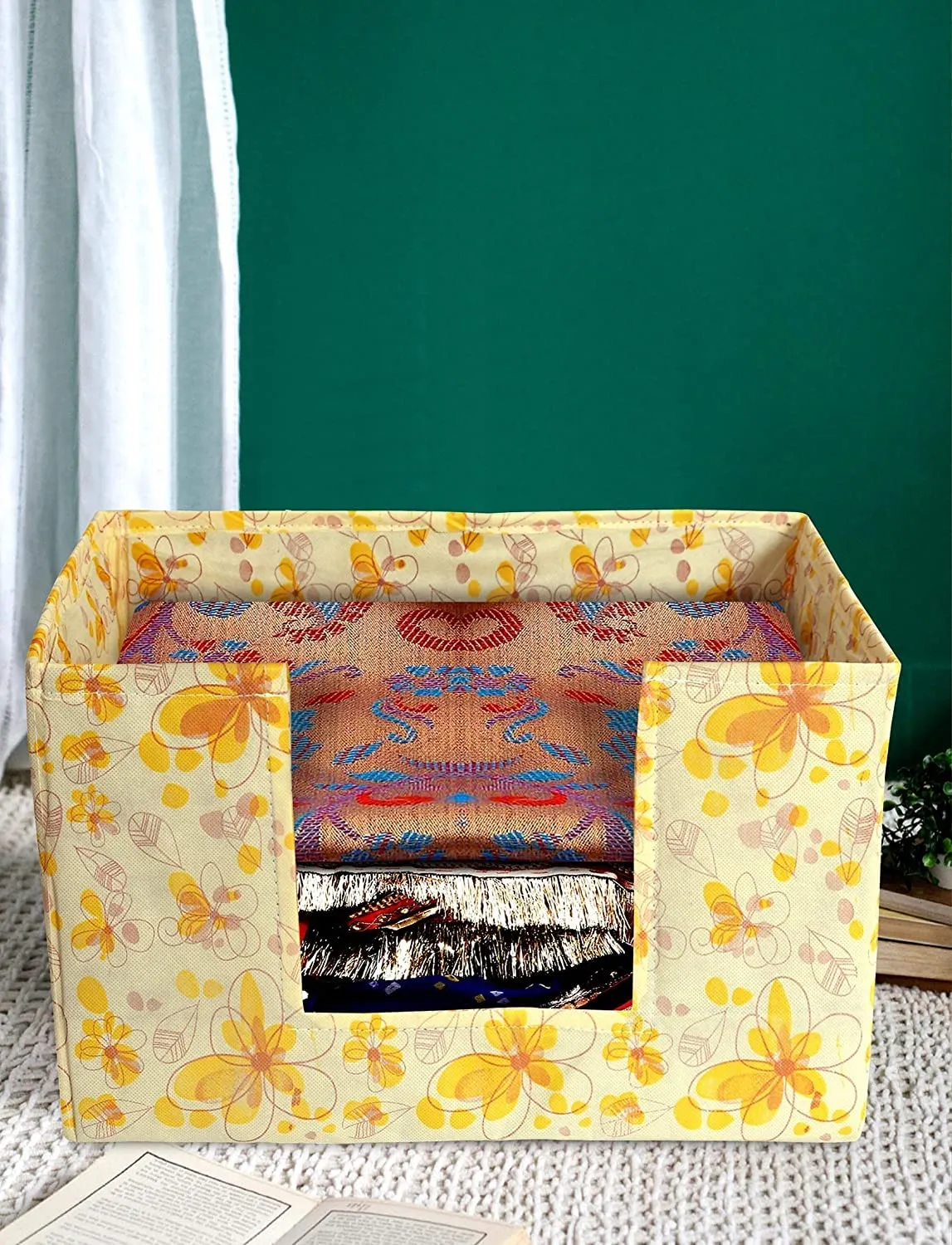 Heart Home Flower Printed Non-Woven Foldable Saree Stacker, Wardrobe Organizer, Storage Bin With Handle- Pack of 2 (Yellow)-HS43HEARTH26390