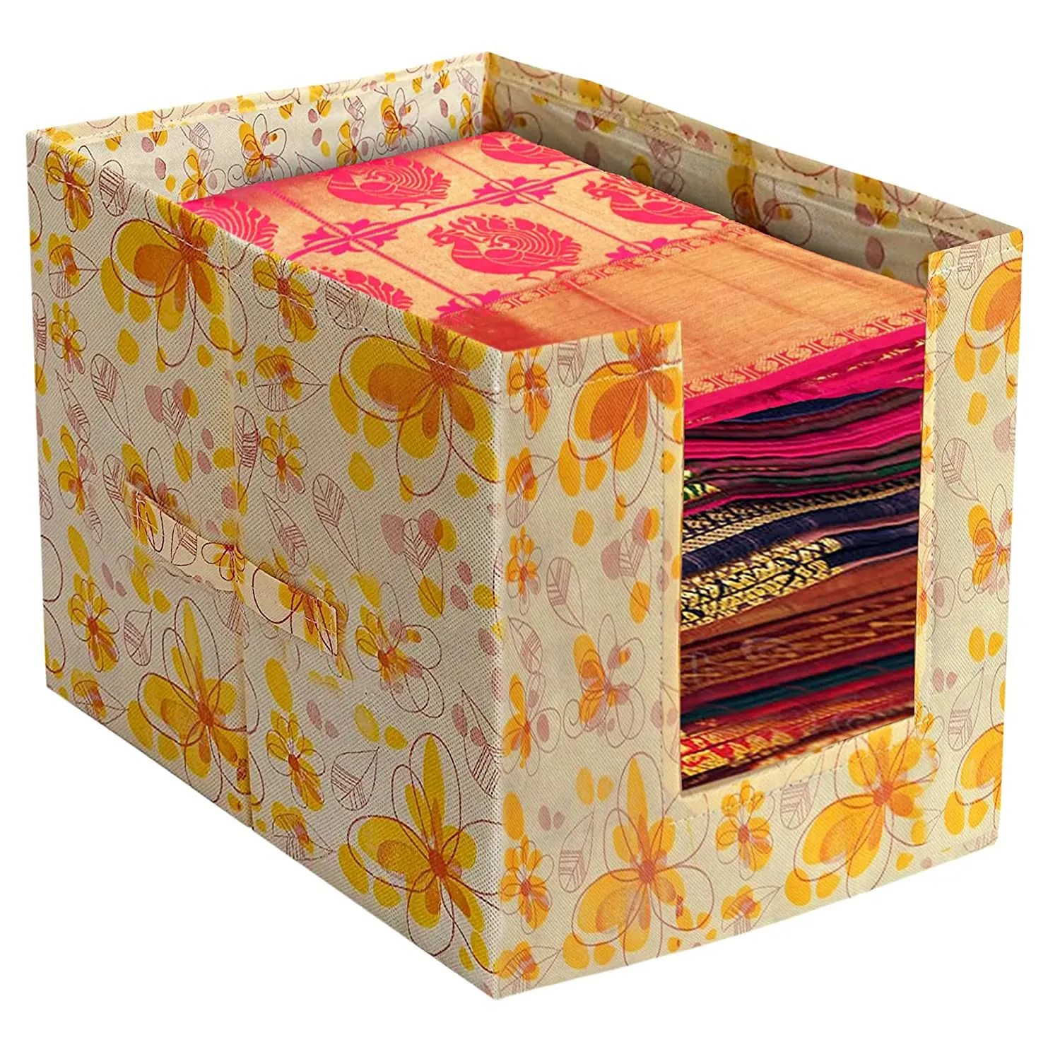 Heart Home Flower Printed Non-Woven Foldable Shirt Stacker Closet Organizer With Handles- Pack of 3 (Yellow)-HS43HEARTH26480