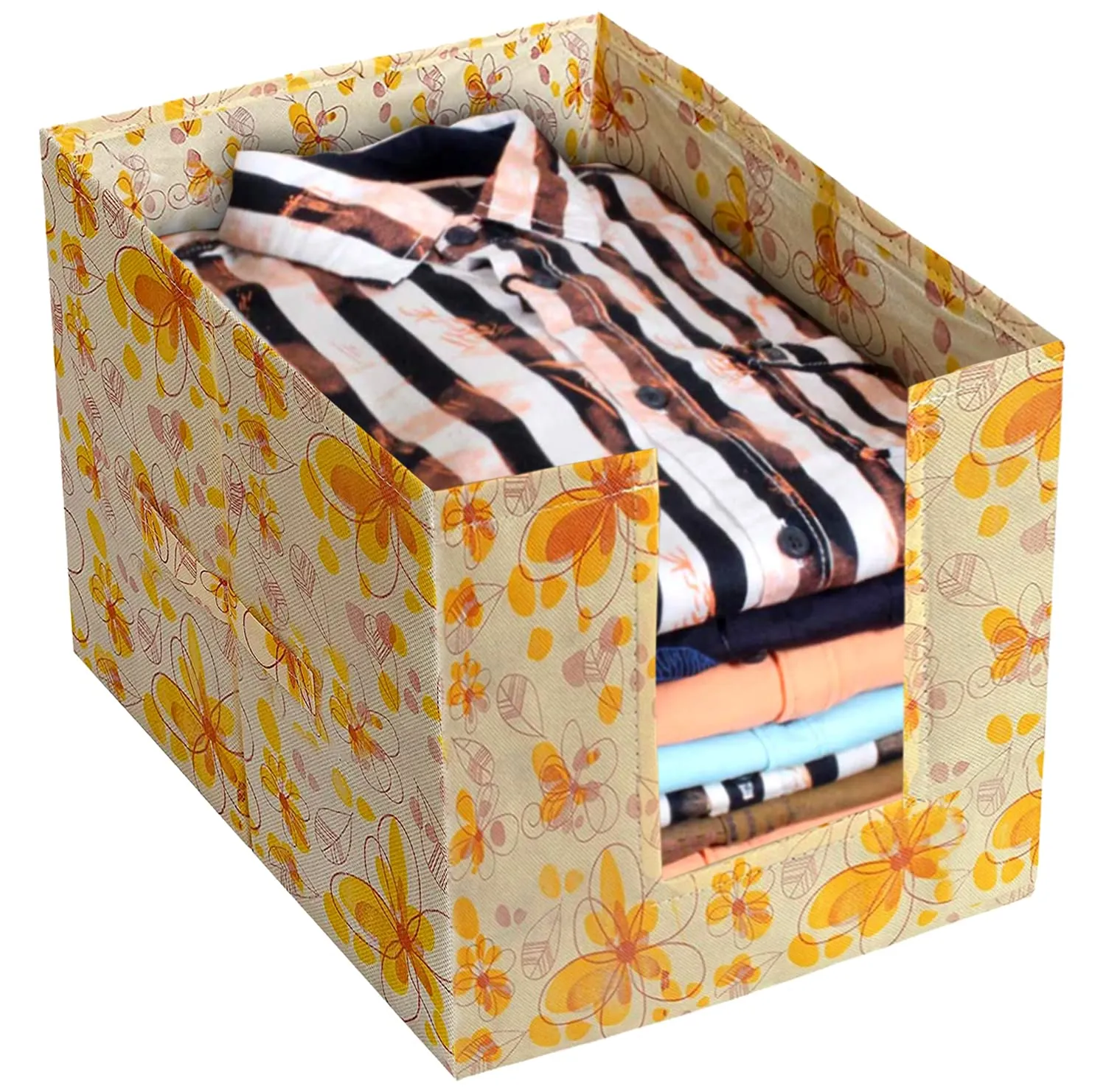 Heart Home Flower Printed Non-Woven Foldable Shirt Stacker Closet Organizer With Handles- Pack of 3 (Yellow)-HS43HEARTH26480