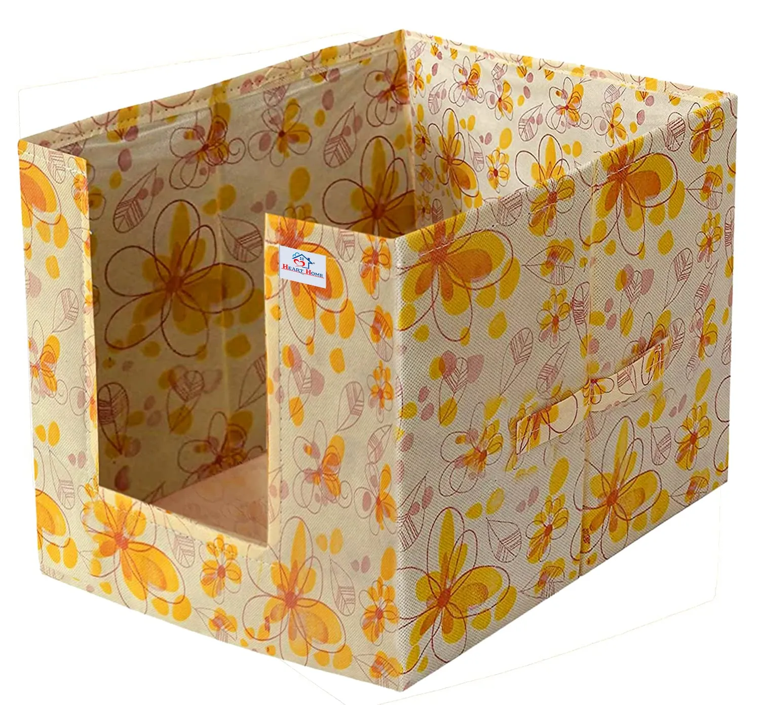 Heart Home Flower Printed Non-Woven Foldable Shirt Stacker Closet Organizer With Handles- Pack of 3 (Yellow)-HS43HEARTH26480