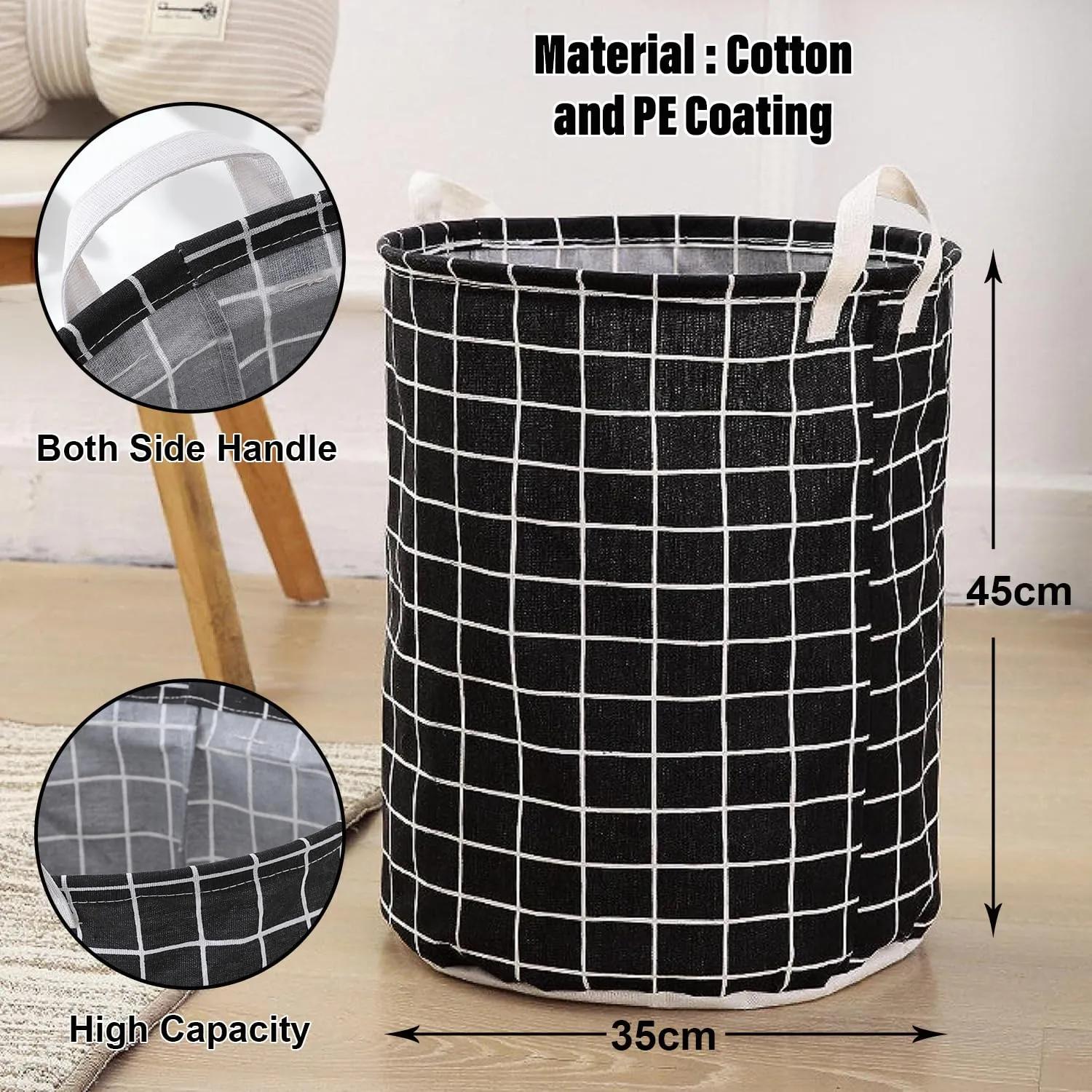Homestic Foldable Storage Basket|Round Toy Storage Bin|Side Grab Handle|Wardrobe, Closet Organizer (Black)