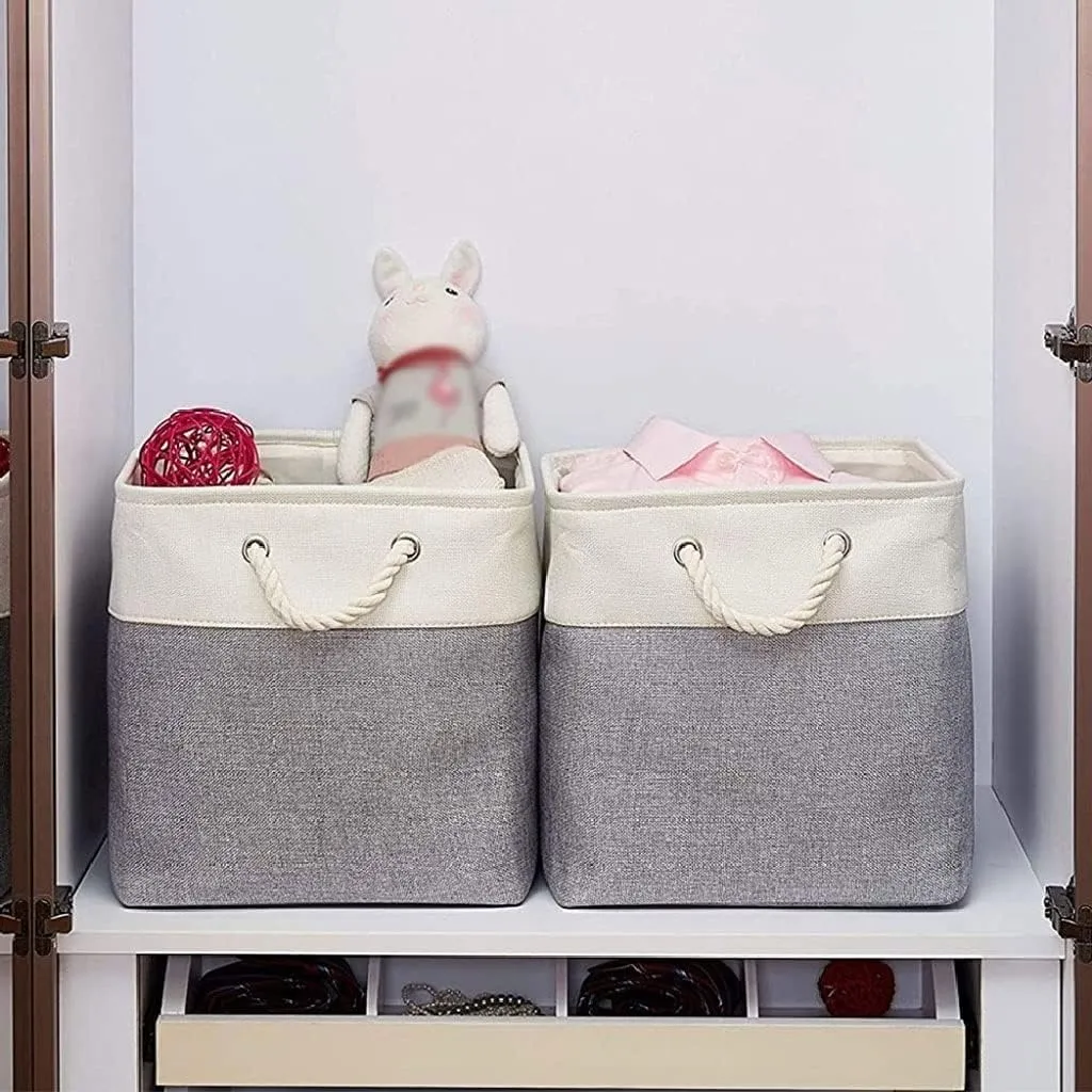 Kuber Industries Foldable Storage Basket|Polyester Toy Storage Bin|Wardrobe Organizer For Clothes (Grey & White) (Pack Of 3)