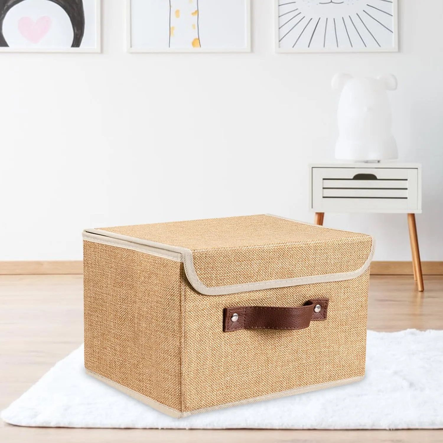 Kuber Industries Large Storage Box With Lid|Foldable Toys Storage Bin|Wardrobe Organizer For clothes|Front Handle & Sturdy Pack Of-4 (Khadi)