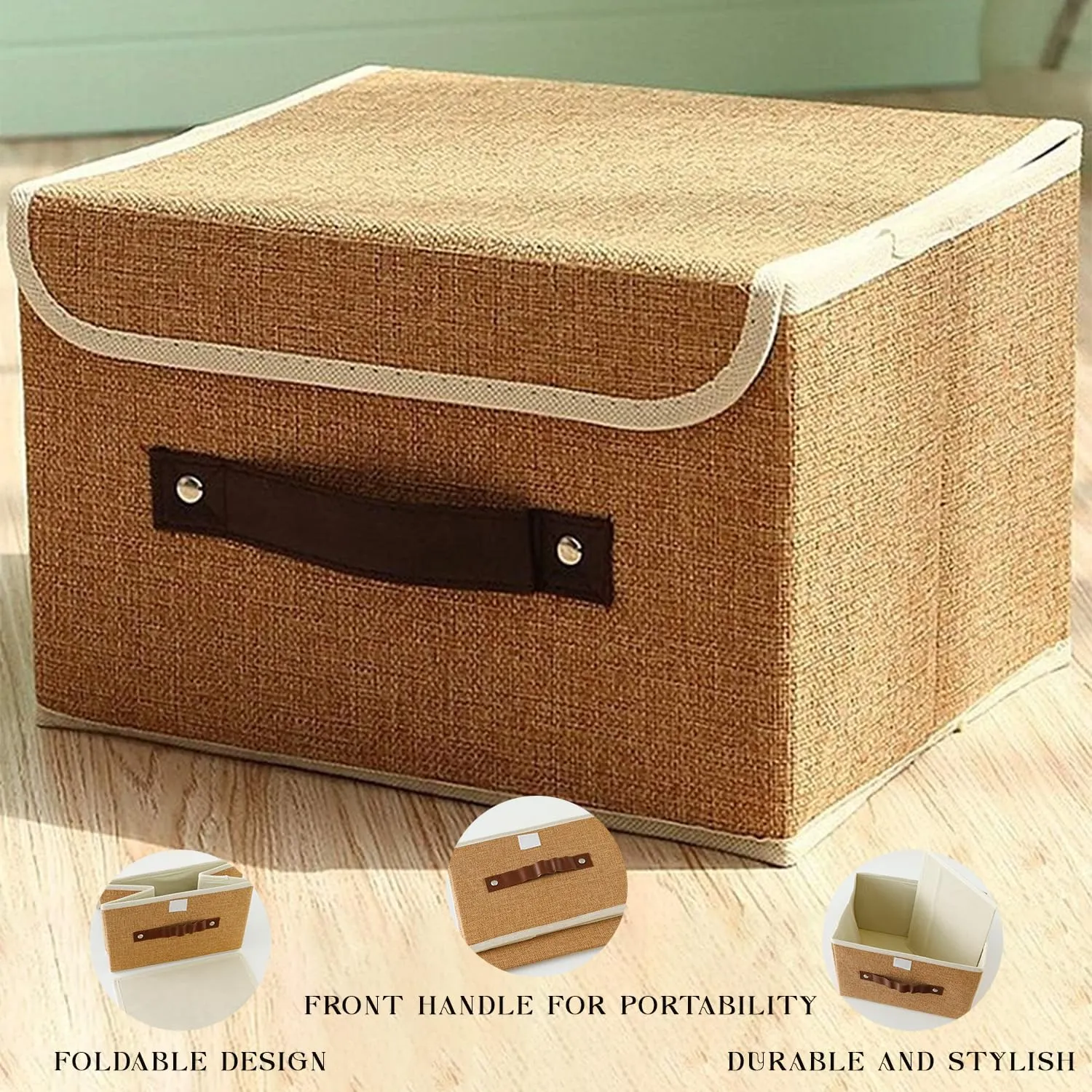 Kuber Industries Large Storage Box With Lid|Foldable Toys Storage Bin|Wardrobe Organizer For clothes|Front Handle & Sturdy Pack Of-4 (Khadi)