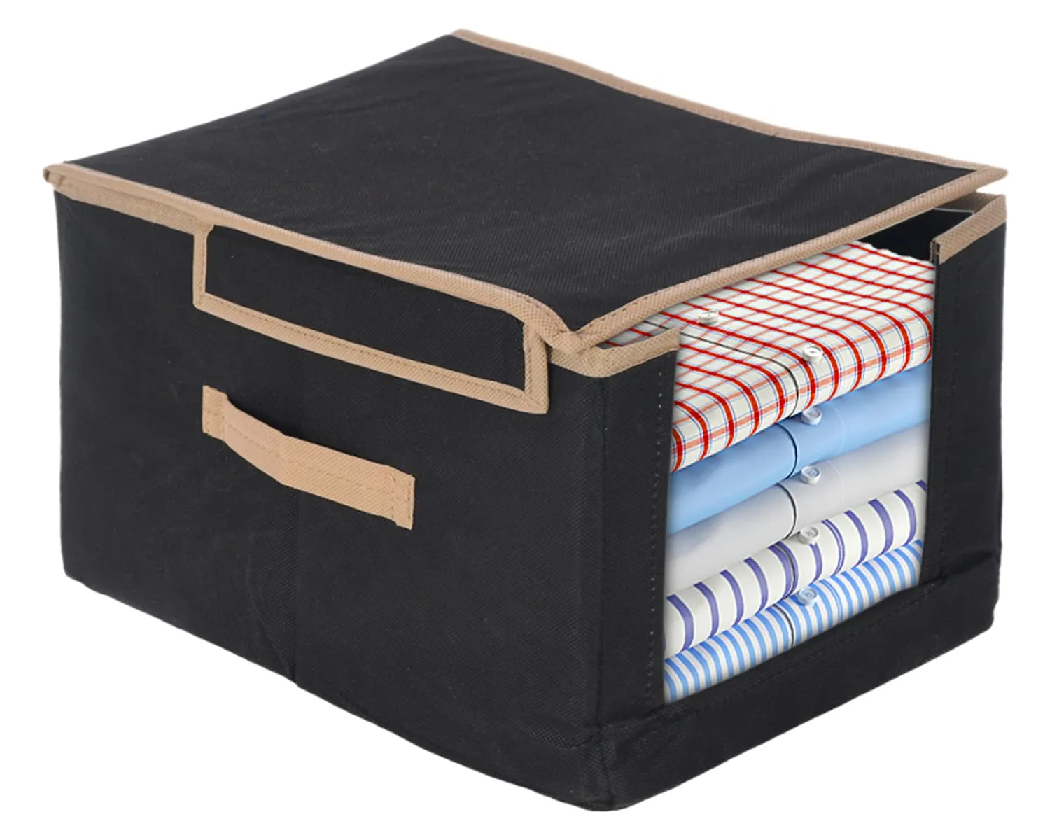Kuber Industries Non-Woven Foldable Shirt Stacker/Wardrobe Organizer For Shirts, Sarees, Lehengas With Handle & Lid (Black)