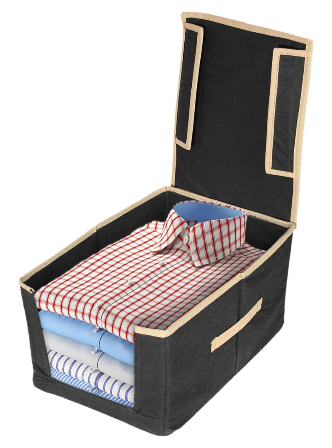 Kuber Industries Non-Woven Foldable Shirt Stacker/Wardrobe Organizer For Shirts, Sarees, Lehengas With Handle & Lid (Black)