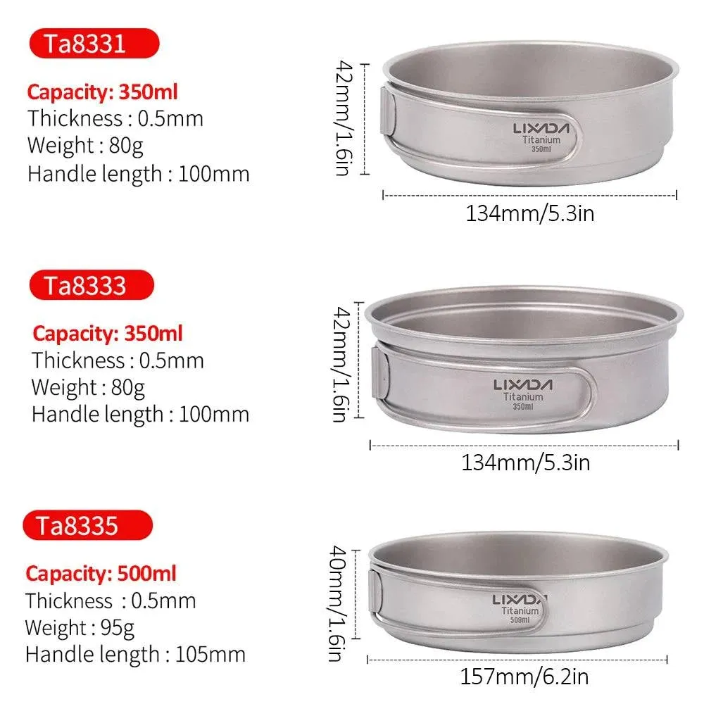 Lixada 350ml/500ml Ultralight Titanium Frypan Outdoor Camping Hiking Picnic Backpacking Cooking Frying Pan with Foldable Handles