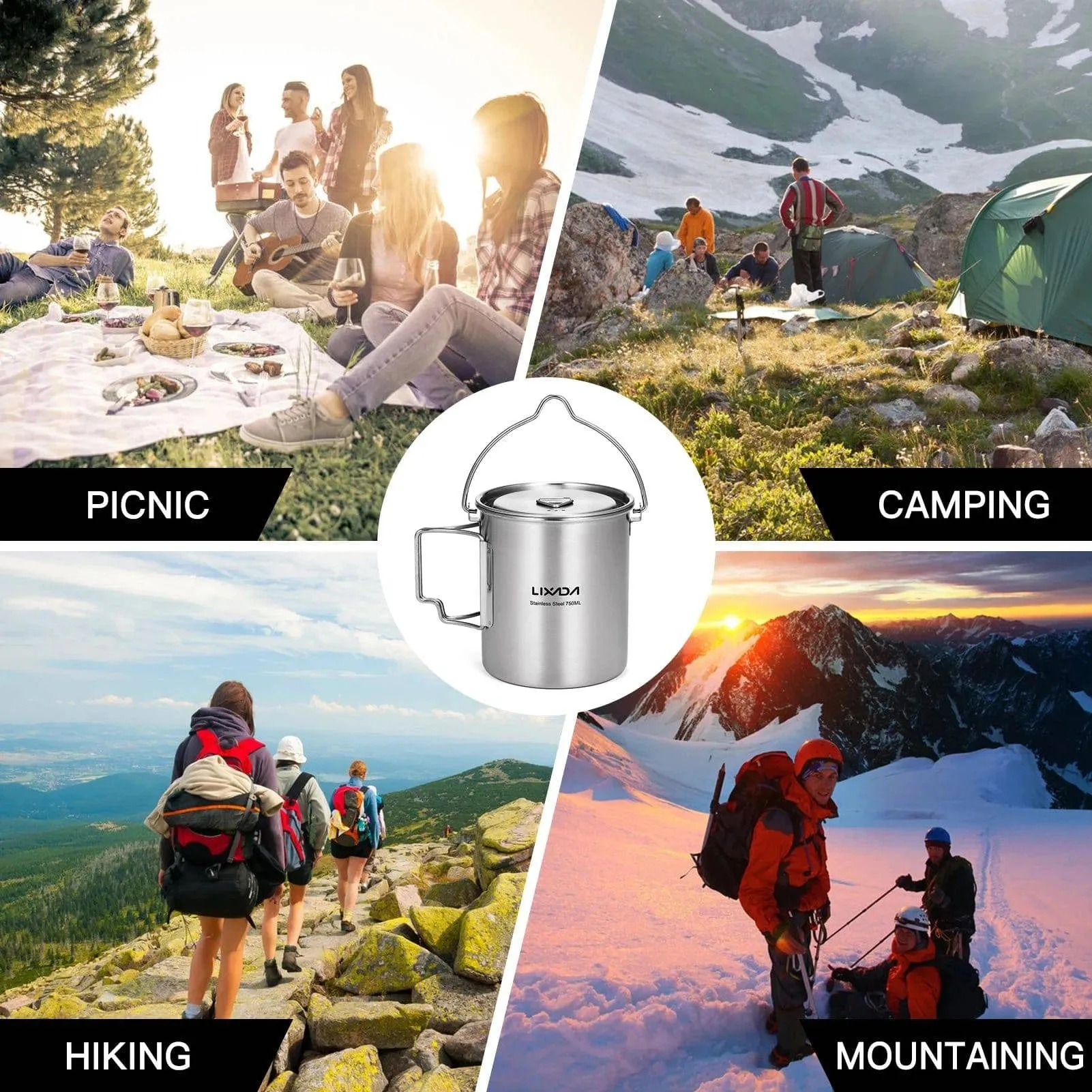 Lixada 750ml Cup Outdoor Stainless Steel Water Cup Mug with Foldable Handles and Lid for Camping Hiking Backpacking
