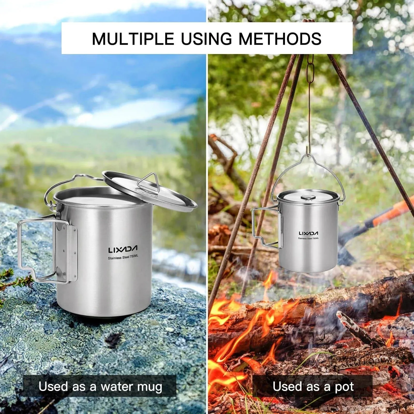 Lixada 750ml Cup Outdoor Stainless Steel Water Cup Mug with Foldable Handles and Lid for Camping Hiking Backpacking