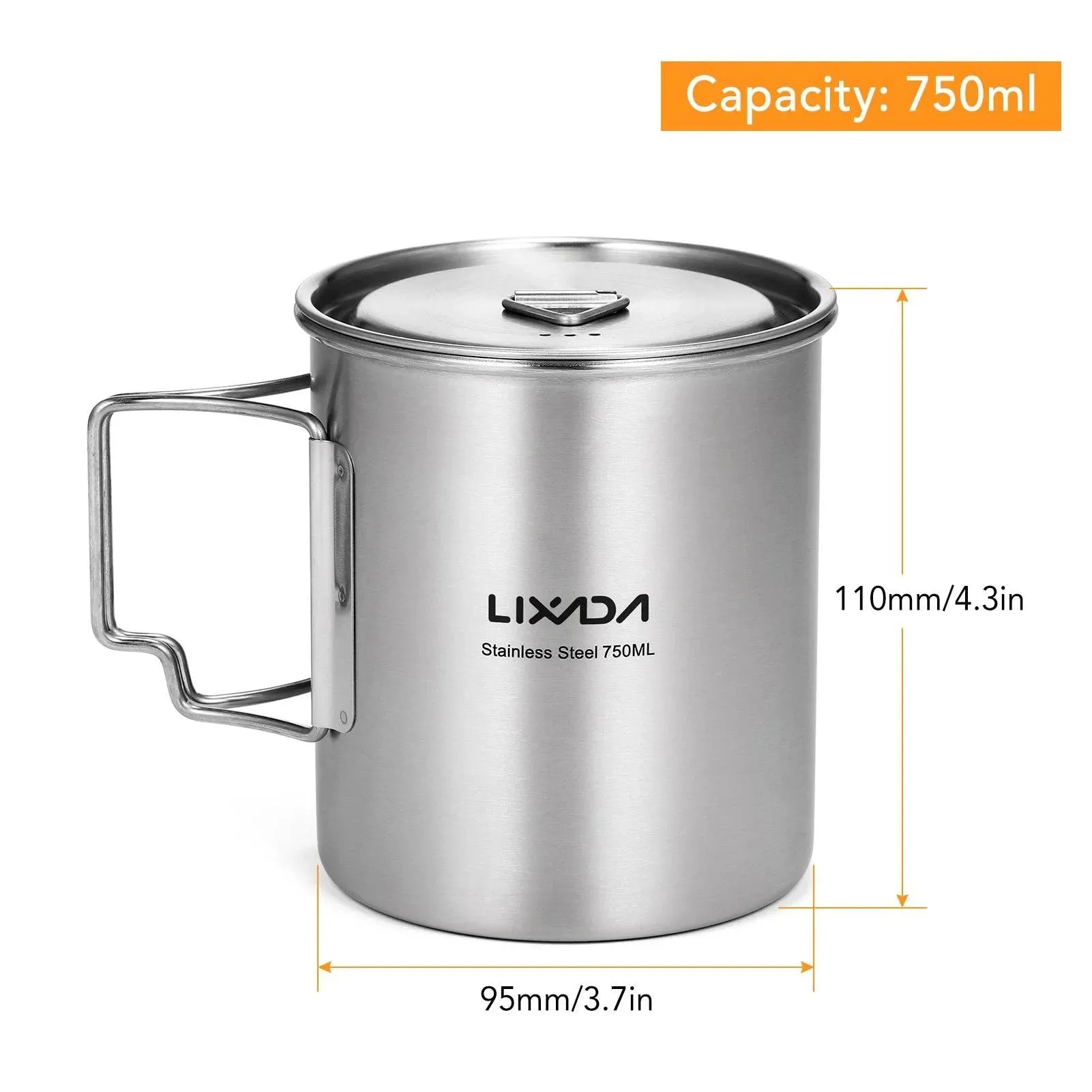 Lixada 750ml Cup Outdoor Stainless Steel Water Cup Mug with Foldable Handles and Lid for Camping Hiking Backpacking