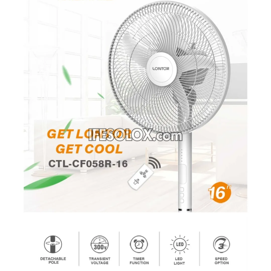 LONTOR 16" Rechargeable Standing Fan with Remote, 5-Blades, Night Light and Detachable Pole (CTL-CF058R-16) - Brand New
