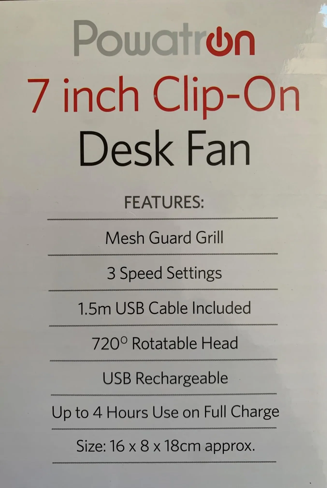 Powatron 7 inch Clip on Desk Fan USB Rechargeable