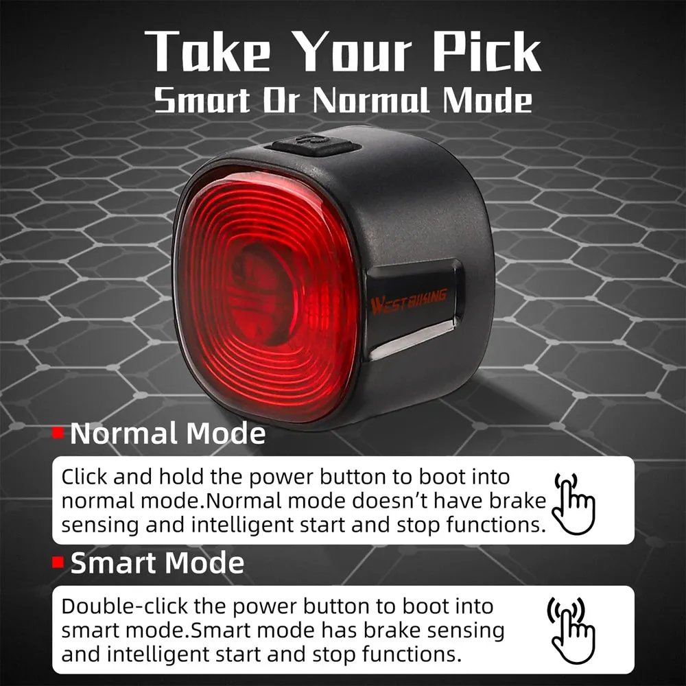 Rechargeable Bicycle Rear Light Intelligent Bike Taillight High-Bright Cycling Warning Lamp Waterproof with 6 Light Modes